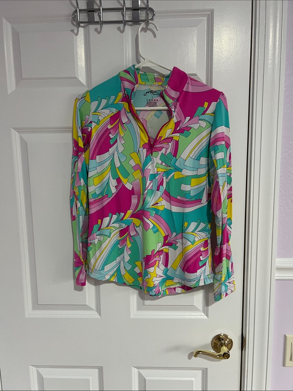 Gottex Multicolor V-Neck Sweater — Pink, Teal, Yellow, White